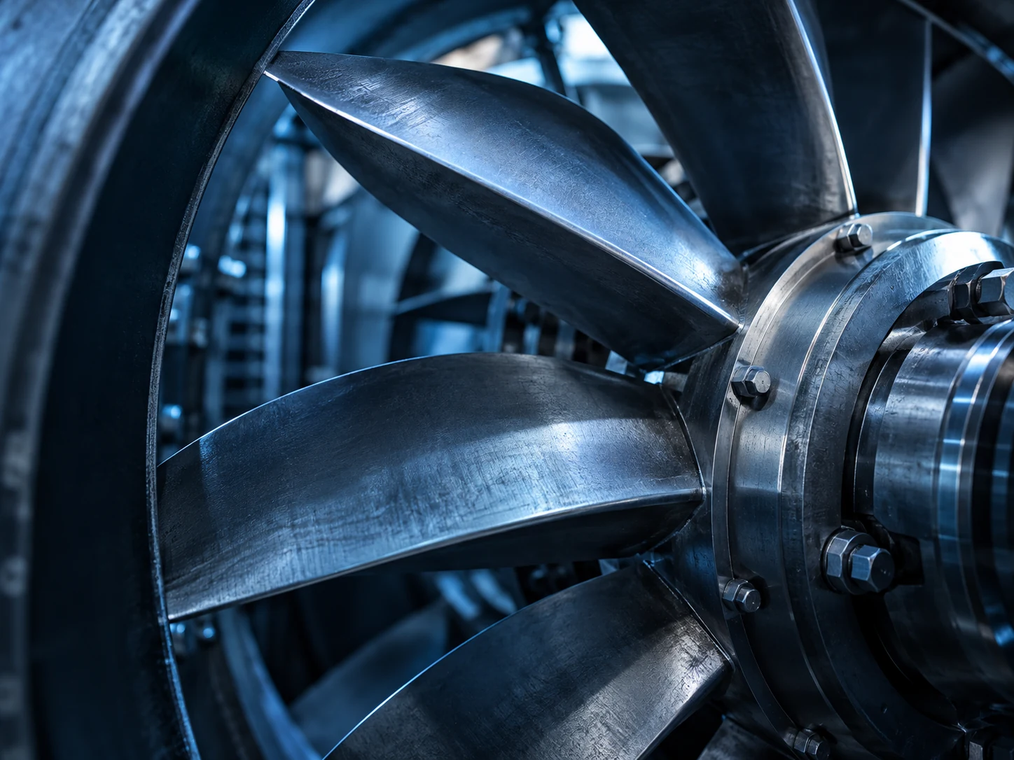 Acercamiento a las aspas metálicas de un ventilador industrial
