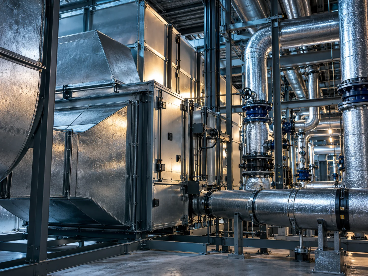 Integración de equipos, tuberías y ductos en una instalación HVAC industrial