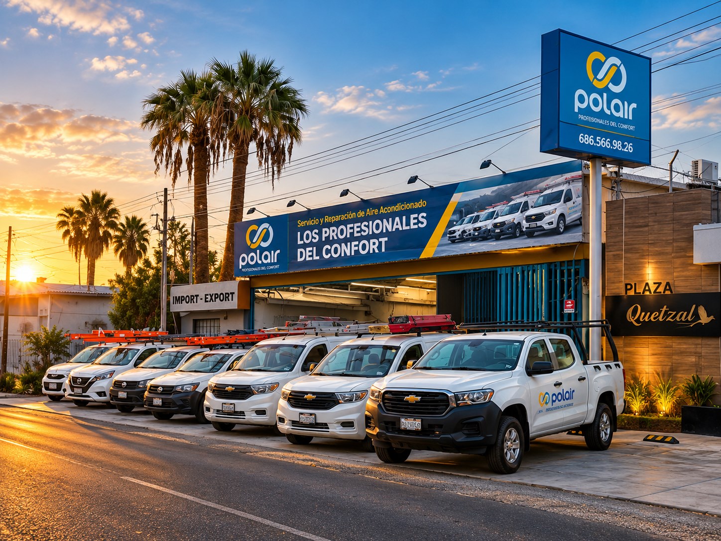 Sucursal de PolAir con anuncio y flotilla de servicio
